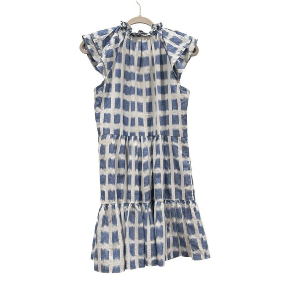 Veronica Beard Zee Ikat Grid Ruffle Tiered Flutter Sleeve Wht Blu Mini Dress Sz4 - Picture 13 of 15